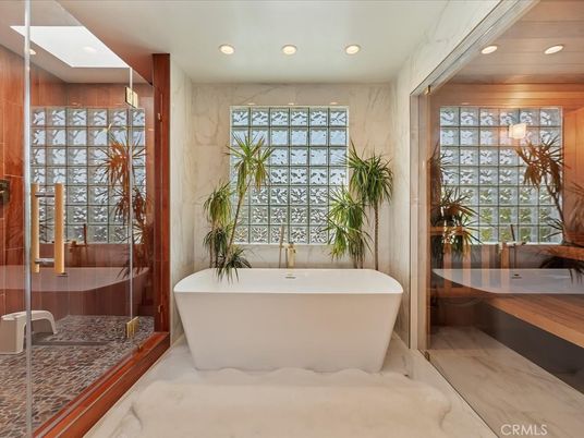 Bathroom, Free Standing Baths, Glass Shower, Interior, Marble, Marble Walls, Recessed Lighting