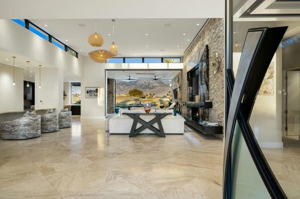 Fireplace, Interior, Living room, Pendant Lights, Recessed Lighting, Stone Walls