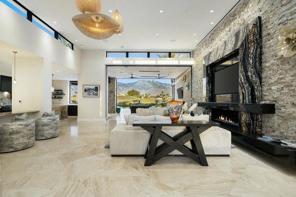 Fireplace, Interior, Kitchen, Living room, Pendant Lights, Recessed Lighting, Stone Walls