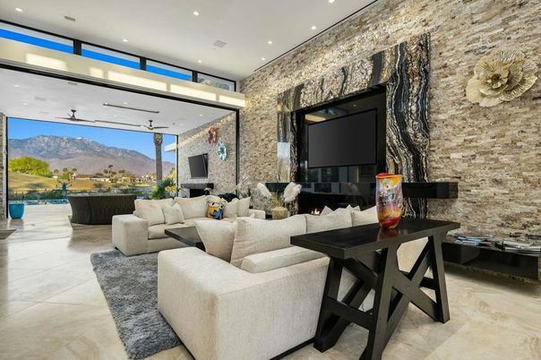Interior, Living room, Recessed Lighting, Stone Walls