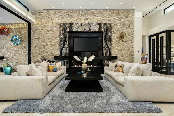 Fireplace, Interior, Living room, Recessed Lighting, Stone Walls
