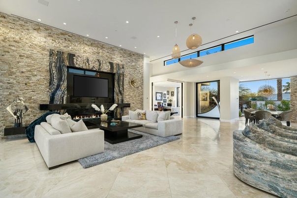 Fireplace, Interior, Living room, Pendant Lights, Recessed Lighting, Stone Walls