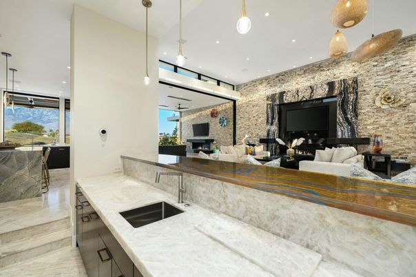 Interior, Kitchen, Living room, Pendant Lights, Recessed Lighting, Stone Walls