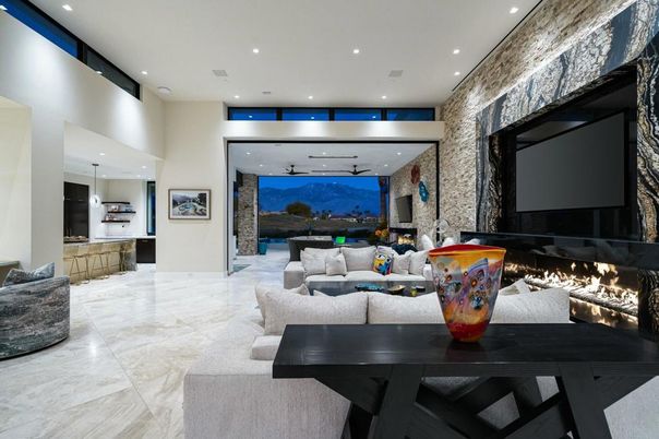 Fireplace, Interior, Living room, Pendant Lights, Recessed Lighting, Stone Walls