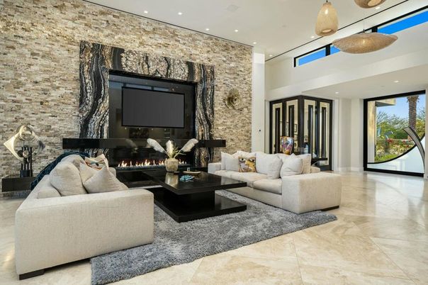 Fireplace, Interior, Living room, Pendant Lights, Recessed Lighting, Stone Walls