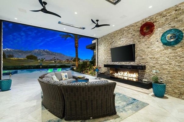 Fireplace, Interior, Living room, Pool, Recessed Lighting, Stone Walls