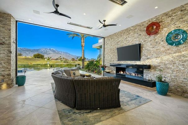 Fireplace, Interior, Living room, Recessed Lighting, Stone Walls