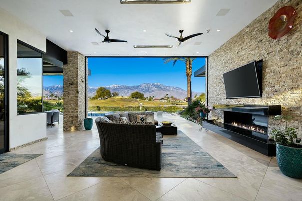 Fireplace, Interior, Living room, Recessed Lighting, Stone Walls