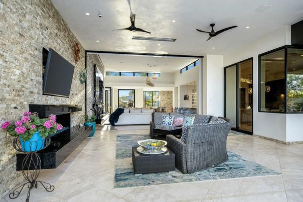 Fireplace, Interior, Living room, Recessed Lighting, Stone Walls