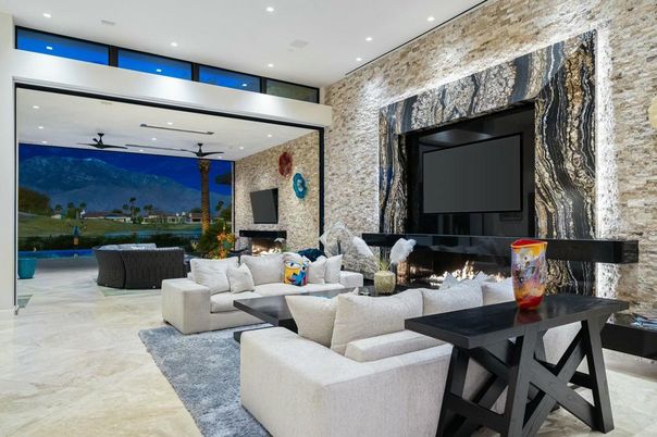 Fireplace, Interior, Living room, Recessed Lighting, Stone Walls