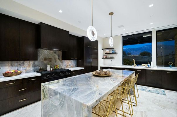 Interior, Kitchen, Marble, Pendant Lights, Recessed Lighting, Stainless Steel Appliances