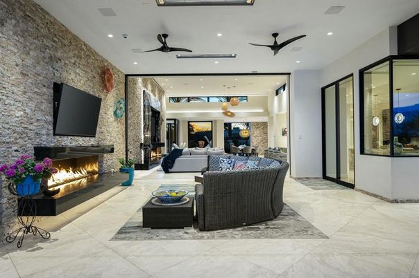 Fireplace, Interior, Living room, Pendant Lights, Recessed Lighting, Stone Walls
