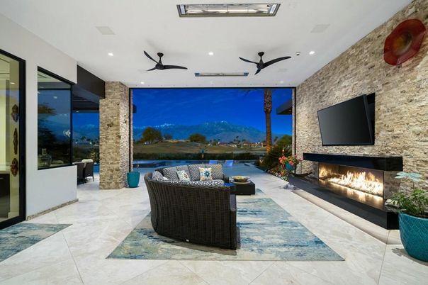 Fireplace, Interior, Living room, Recessed Lighting, Stone Walls