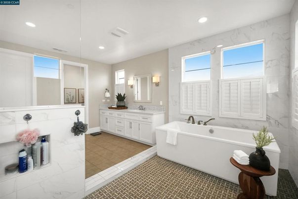 Bathroom, Dual Sink Vanities, Free Standing Baths, Interior, Marble Walls, Recessed Lighting