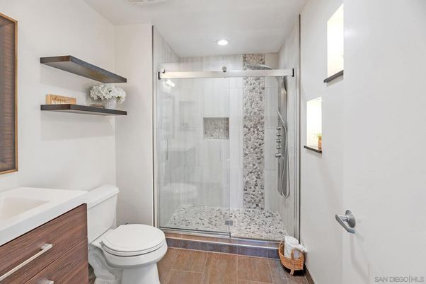 Bathroom, Glass Shower, Interior, Recessed Lighting, Wood Texture Flooring