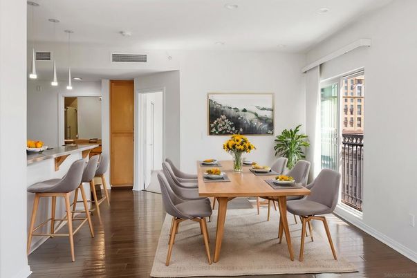 Dining room, Interior, Pendant Lights, Recessed Lighting, Wood Texture Flooring