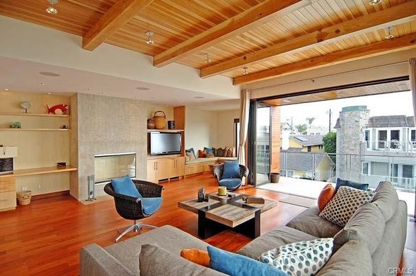 Fireplace, Interior, Living room, Recessed Lighting, Wooden Beams, Wooden Ceilings, Wood Texture Flooring