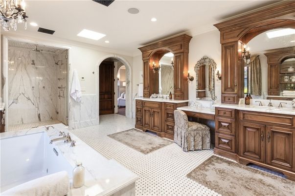 Bathroom, Dual Sink Vanities, Interior, Marble Walls, Recessed Lighting