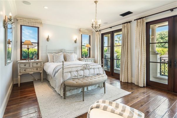 Bedroom, Chandelier, Interior, Recessed Lighting, Wood Texture Flooring