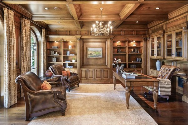 Chandelier, Home Office, Interior, Recessed Lighting, Wooden Beams, Wooden Ceilings, Wood Texture Flooring, Wooden Walls