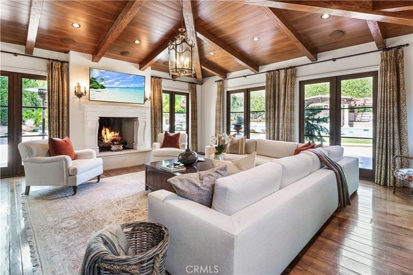 Fireplace, Interior, Living room, Pendant Lights, Recessed Lighting, Wooden Beams, Wooden Ceilings, Wood Texture Flooring