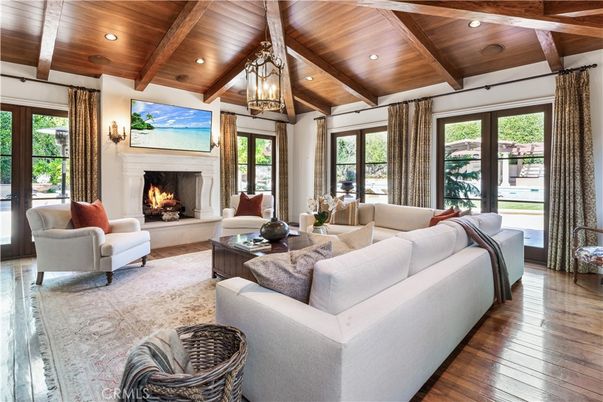 Fireplace, Interior, Living room, Recessed Lighting, Wooden Beams, Wooden Ceilings, Wood Texture Flooring