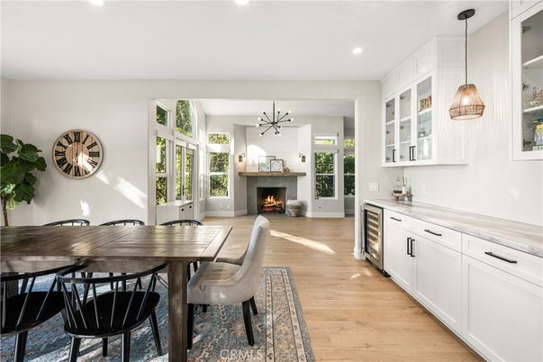 Dining room, Fireplace, Interior, Kitchen, Pendant Lights, Recessed Lighting, Wood Texture Flooring