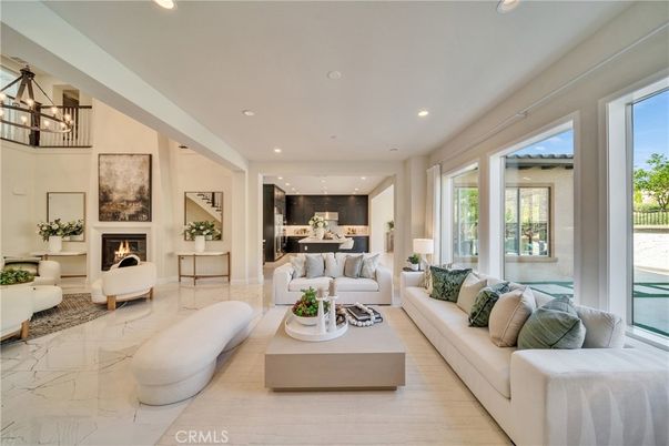 Fireplace, Interior, Living room, Marble, Pendant Lights, Recessed Lighting