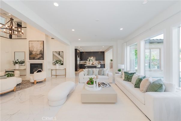 Fireplace, Interior, Living room, Marble, Pendant Lights, Recessed Lighting