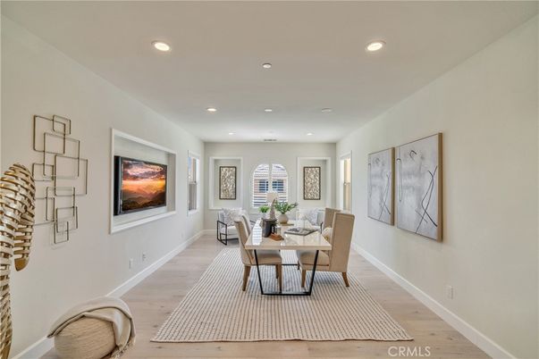 Dining room, Interior, Living room, Recessed Lighting, Wood Texture Flooring