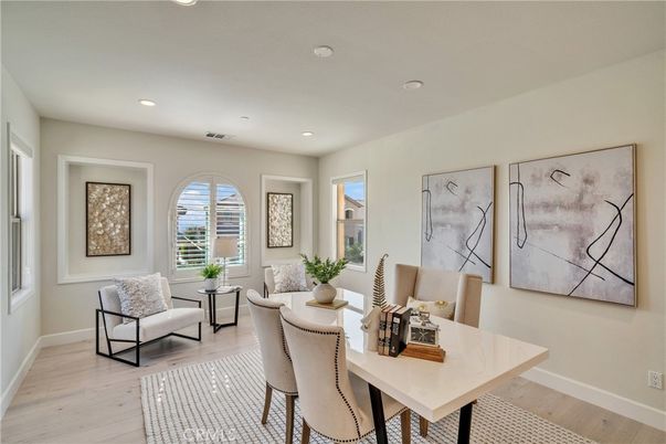 Dining room, Interior, Recessed Lighting, Wood Texture Flooring