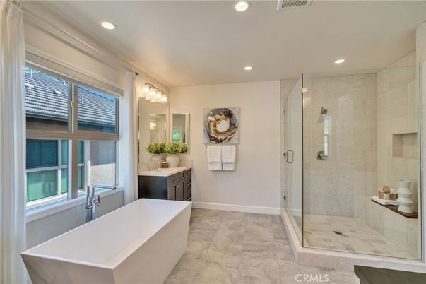 Bathroom, Free Standing Baths, Glass Shower, Interior, Recessed Lighting