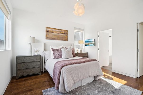 Bedroom, Interior, Pendant Lights, Wood Texture Flooring