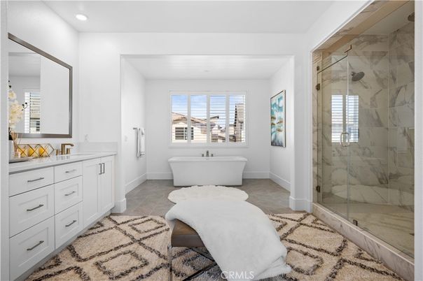 Bathroom, Free Standing Baths, Glass Shower, Interior, Marble Walls, Recessed Lighting