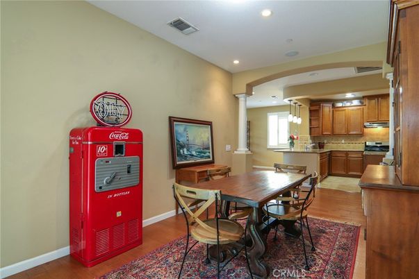 Dining room, Interior, Kitchen, Pendant Lights, Recessed Lighting, Wood Texture Flooring