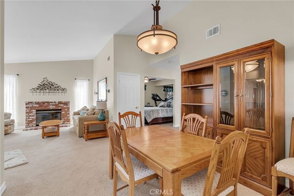 Dining room, Fireplace, Interior, Living room, Pendant Lights