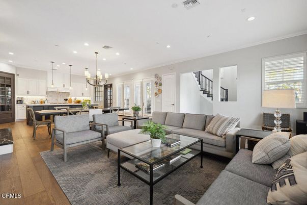 Dining room, Interior, Kitchen, Living room, Pendant Lights, Recessed Lighting, Stainless Steel Appliances, Wood Texture Flooring