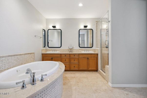 Bathroom, Dual Sink Vanities, Glass Shower, Interior, Recessed Lighting