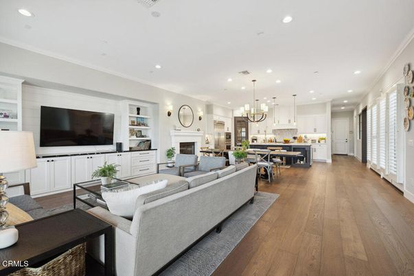 Dining room, Fireplace, Interior, Kitchen, Living room, Pendant Lights, Recessed Lighting, Wood Texture Flooring