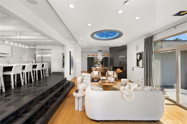 Fireplace, Interior, Kitchen, Living room, Pendant Lights, Recessed Lighting, Wood Texture Flooring