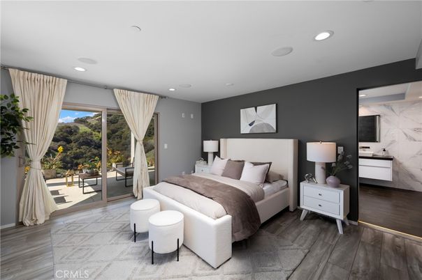 Bedroom, Interior, Marble Walls, Recessed Lighting, Wood Texture Flooring