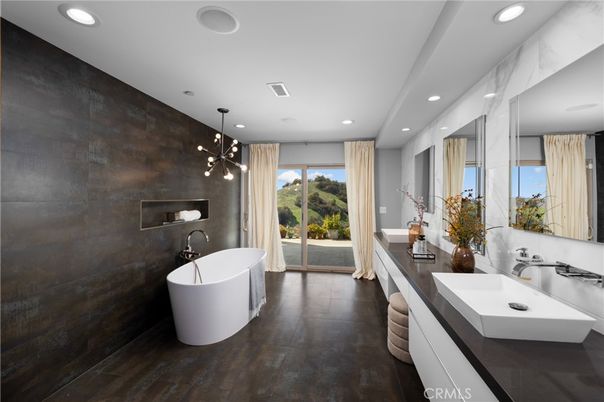 Bathroom, Dual Sink Vanities, Free Standing Baths, Interior, Pendant Lights, Recessed Lighting, Wood Texture Flooring