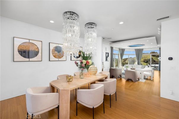 Chandelier, Dining room, Interior, Living room, Recessed Lighting, Wood Texture Flooring