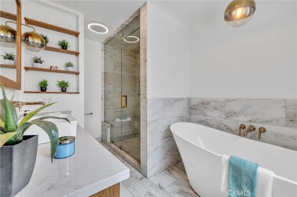 Bathroom, Free Standing Baths, Glass Shower, Interior, Marble, Marble Walls, Recessed Lighting