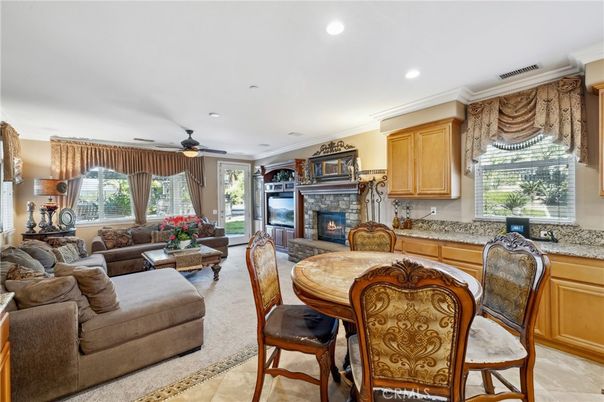 Dining room, Fireplace, Interior, Living room, Recessed Lighting