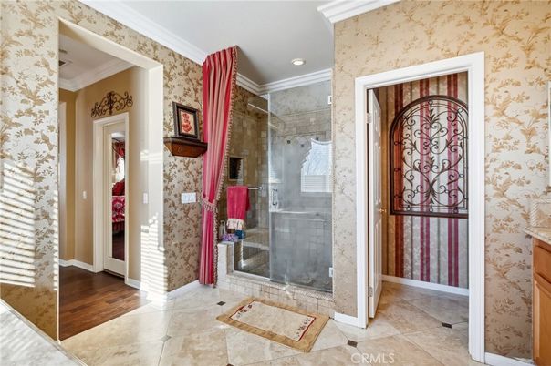 Bathroom, Glass Shower, Interior, Recessed Lighting, Wood Texture Flooring