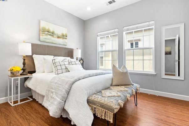 Bedroom, Interior, Recessed Lighting, Wood Texture Flooring