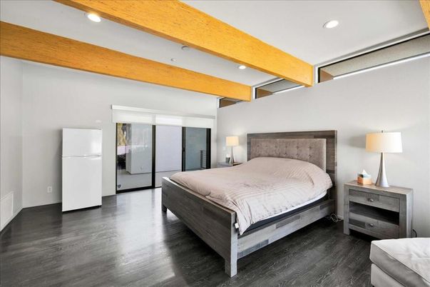 Bedroom, Interior, Recessed Lighting, Wooden Beams, Wood Texture Flooring