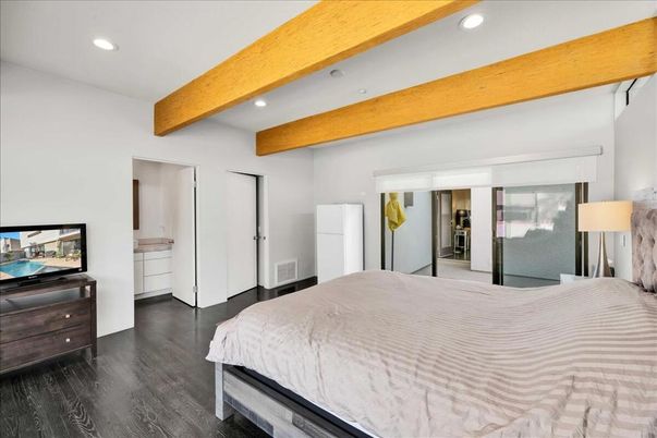 Bedroom, Interior, Recessed Lighting, Wooden Beams, Wood Texture Flooring