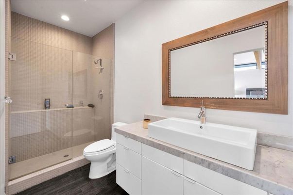 Bathroom, Glass Shower, Interior, Recessed Lighting, Wood Texture Flooring